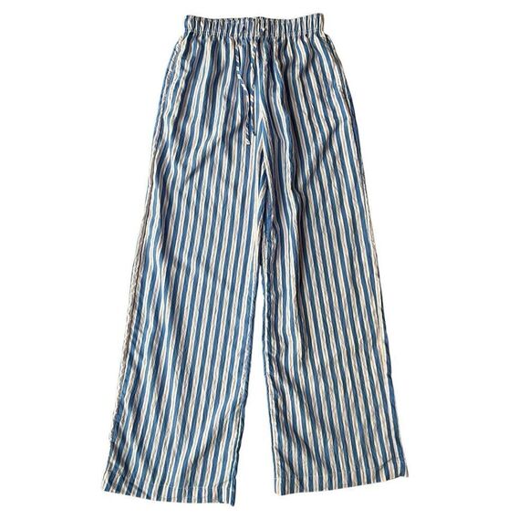 Bershka tie waist wide leg linen look trousers in blue & pink stripe Size M - Picture 5 of 9